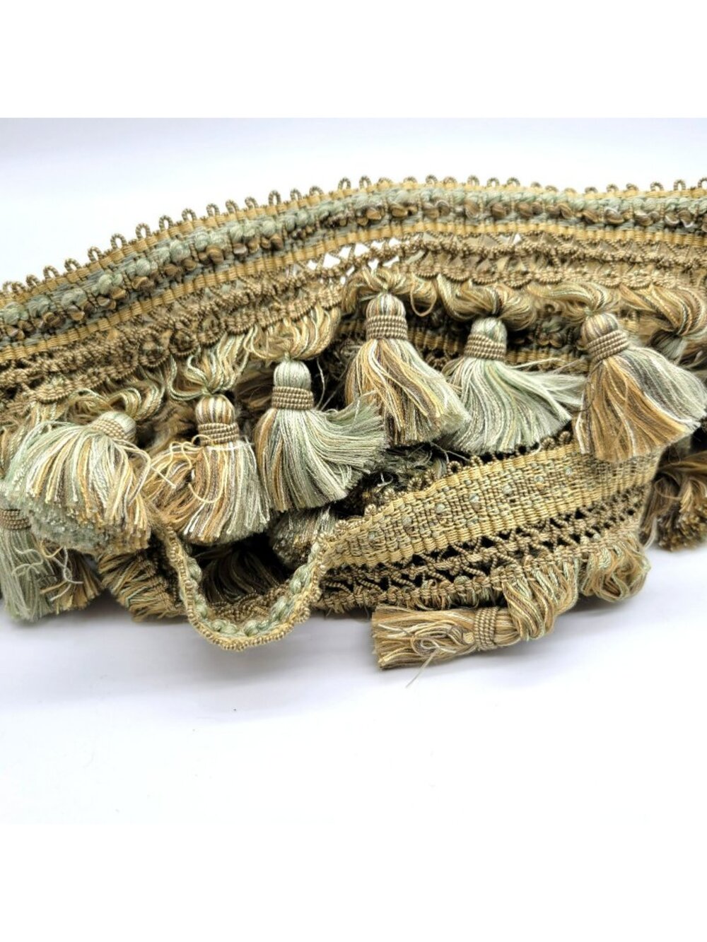 Vintage Green Gold Passementerie Tassel Fringe Trim 85" x 3" Upholstery Destash